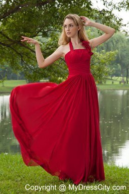 Red Empire Halter Brush Train Chiffon Ruching Celebrity Dress