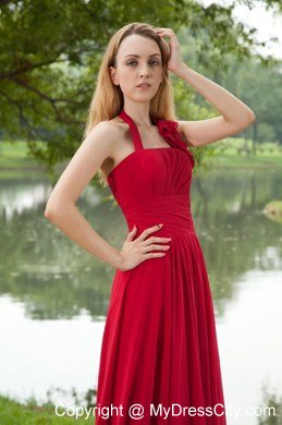 Red Empire Halter Brush Train Chiffon Ruching Celebrity Dress