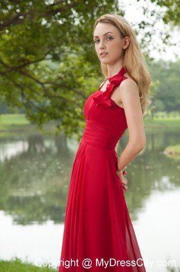 Red Empire Halter Brush Train Chiffon Ruching Celebrity Dress