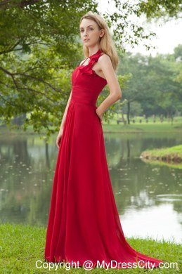 Red Empire Halter Brush Train Chiffon Ruching Celebrity Dress