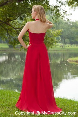 Red Empire Halter Brush Train Chiffon Ruching Celebrity Dress