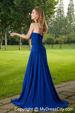 Blue Empire Sweetheart Brush Train Ruched Slit Celebrity Dress