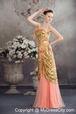 Gold and Pinkish Salmon Sequined Strapless Layered Dress for Celebrity