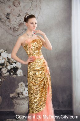 Gold and Pinkish Salmon Sequined Strapless Layered Dress for Celebrity