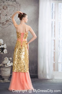 Gold and Pinkish Salmon Sequined Strapless Layered Dress for Celebrity