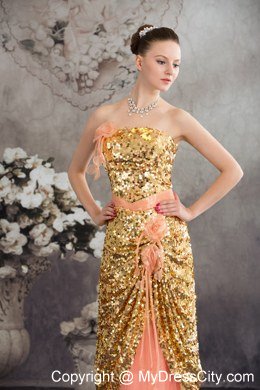 Gold and Pinkish Salmon Sequined Strapless Layered Dress for Celebrity