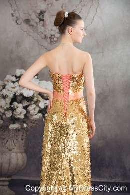 Gold and Pinkish Salmon Sequined Strapless Layered Dress for Celebrity