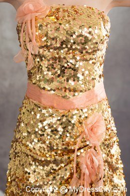 Gold and Pinkish Salmon Sequined Strapless Layered Dress for Celebrity