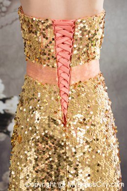 Gold and Pinkish Salmon Sequined Strapless Layered Dress for Celebrity