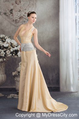 Column Sash Brush Train Celebrity Dress in Nude Color