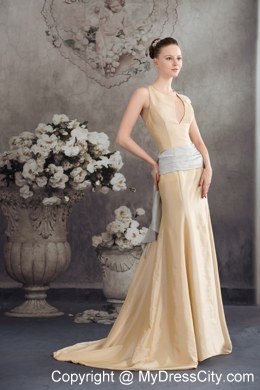 Column Sash Brush Train Celebrity Dress in Nude Color