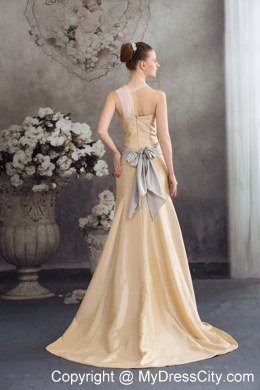 Column Sash Brush Train Celebrity Dress in Nude Color