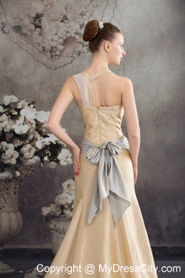 Column Sash Brush Train Celebrity Dress in Nude Color