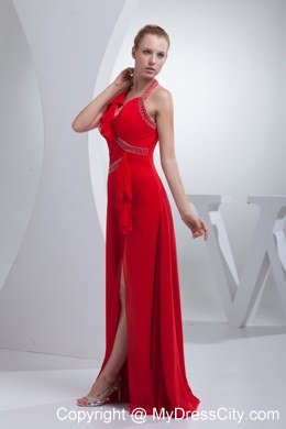 V-neck Halter Beaded High Slit Red Long Dress for Celebrity