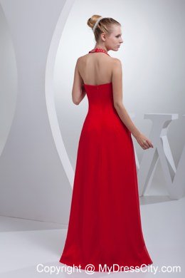 V-neck Halter Beaded High Slit Red Long Dress for Celebrity