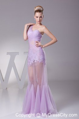 Pleated Sheer Lavender One Shoulder Mermaid Appliques Celebrity Dress