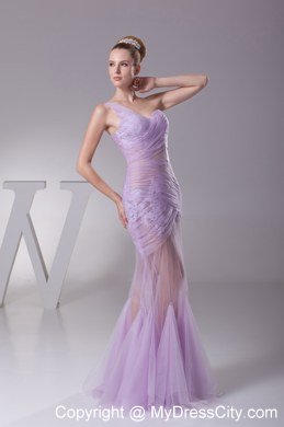 Pleated Sheer Lavender One Shoulder Mermaid Appliques Celebrity Dress