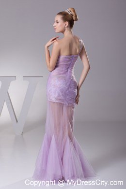 Pleated Sheer Lavender One Shoulder Mermaid Appliques Celebrity Dress