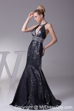 Beading Mermaid Celebrity Dress with Plunging Neckline in Black