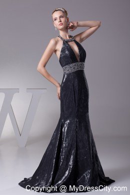 Beading Mermaid Celebrity Dress with Plunging Neckline in Black