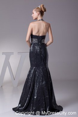 Beading Mermaid Celebrity Dress with Plunging Neckline in Black