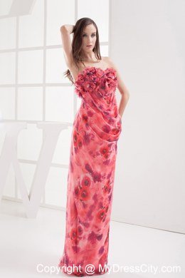 Column Strapless Printing Hand Made Flowers Celebrity Dress