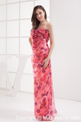 Column Strapless Printing Hand Made Flowers Celebrity Dress