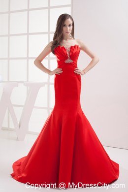 Red Mermaid Strapless Beading Ruching Celebrity Dress with Brush Train