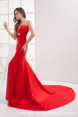 Red Mermaid Strapless Beading Ruching Celebrity Dress with Brush Train