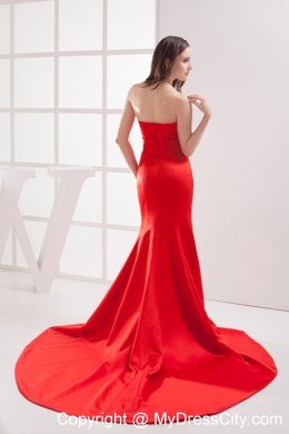 Red Mermaid Strapless Beading Ruching Celebrity Dress with Brush Train