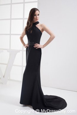 Mermaid Beading Celebrity Dress with Cool Neckline in Black