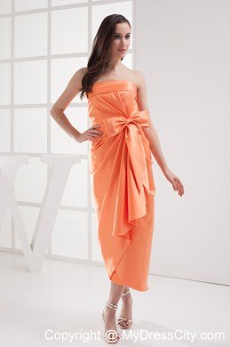 Sheath Orange Strapless Satin Ruching Celebrity Dress with Bow