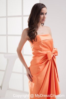 Sheath Orange Strapless Satin Ruching Celebrity Dress with Bow