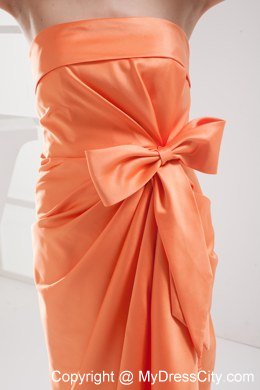 Sheath Orange Strapless Satin Ruching Celebrity Dress with Bow