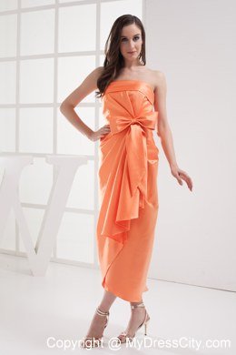 Sheath Orange Strapless Satin Ruching Celebrity Dress with Bow