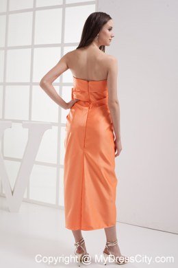 Sheath Orange Strapless Satin Ruching Celebrity Dress with Bow