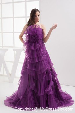 A-line Purple Strapless Ruffled Organza Celebrity Dress