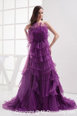 A-line Purple Strapless Ruffled Organza Celebrity Dress