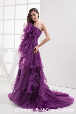 A-line Purple Strapless Ruffled Organza Celebrity Dress