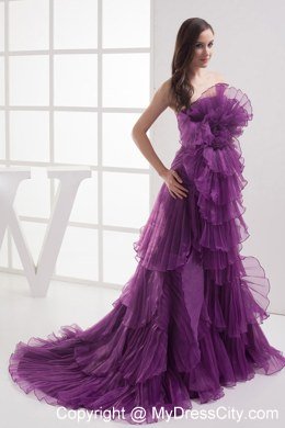 A-line Purple Strapless Ruffled Organza Celebrity Dress