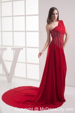 Red One Shoulder Beading Chiffon Watteau Celebrity Dress