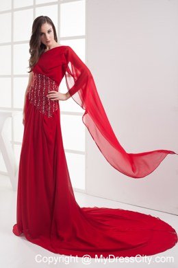 Red One Shoulder Beading Chiffon Watteau Celebrity Dress