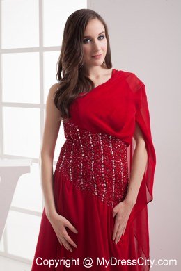 Red One Shoulder Beading Chiffon Watteau Celebrity Dress