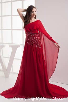 Red One Shoulder Beading Chiffon Watteau Celebrity Dress