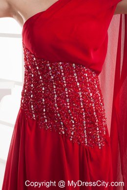 Red One Shoulder Beading Chiffon Watteau Celebrity Dress