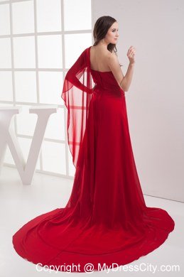 Red One Shoulder Beading Chiffon Watteau Celebrity Dress