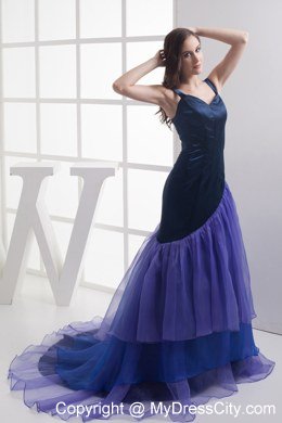 A-line Purple Unsymmetrical Ruffled Celebrity Dress Straps in Navy