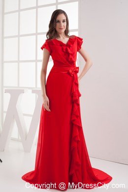 Red V-neck Celebrity Dress with Short Sleeves and Bow