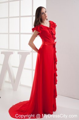 Red V-neck Celebrity Dress with Short Sleeves and Bow