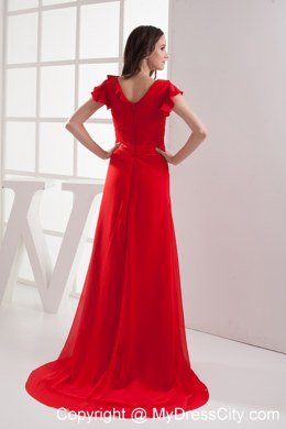 Red V-neck Celebrity Dress with Short Sleeves and Bow